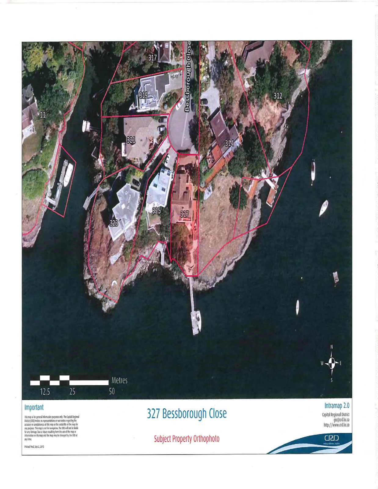 Aerial orthophoto map showing property boundaries and addresses (11, 312, 314, 317, 319, 321, 323, 325, and 327) on Bessborough Close along a coastline, including a scale bar and compass rose.