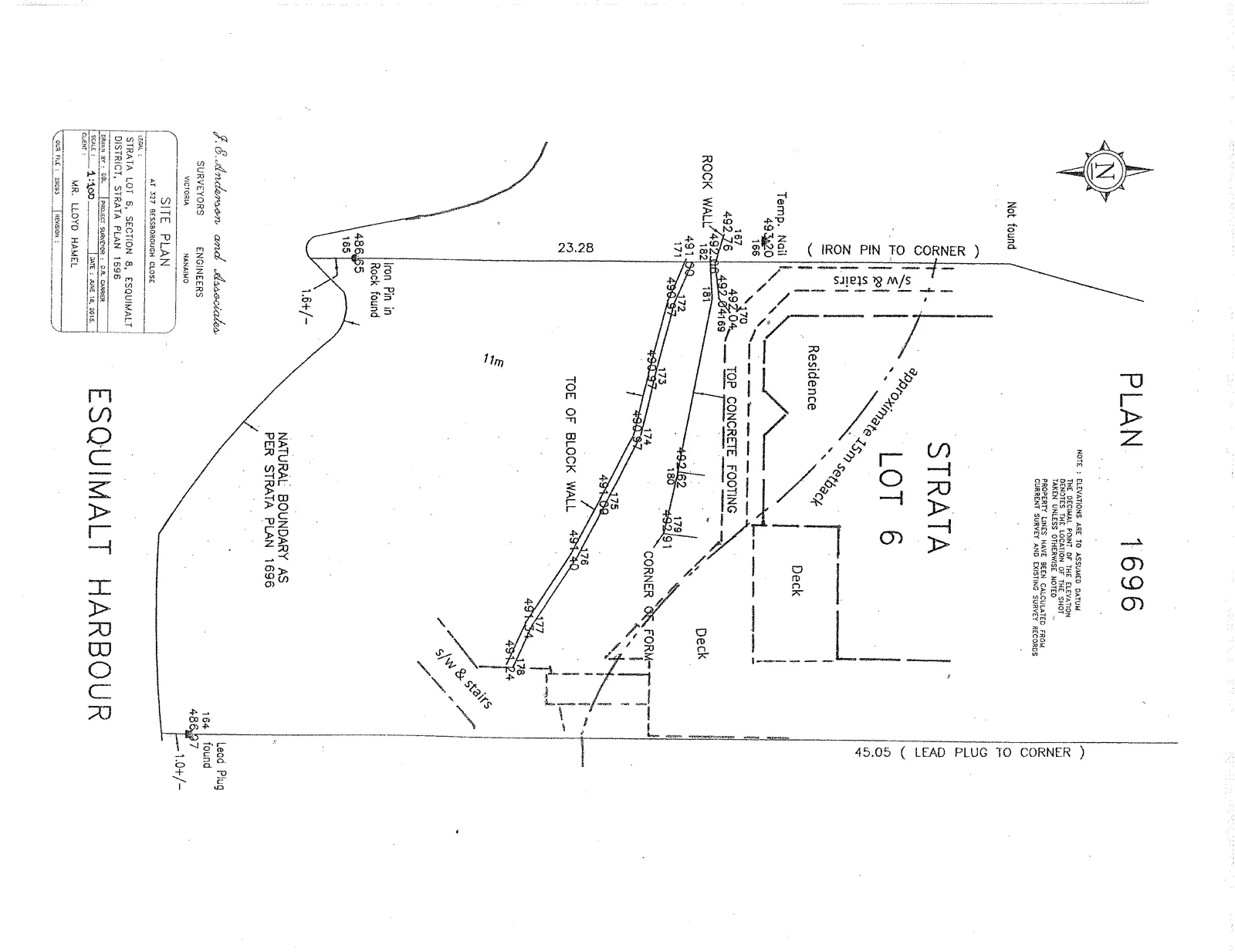 Site plan for Strata Lot 6 at 327 Bessborough Close, showing the location of a residence, decks, rock walls, and the natural boundary at Esquimalt Harbour.