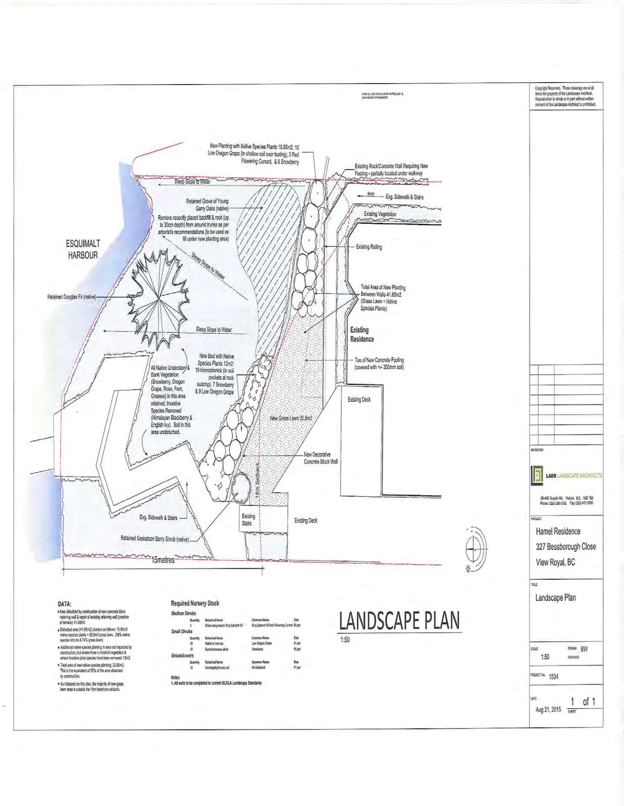 Detailed landscape plan for the Hamel Residence at 327 Bessborough Close, showing existing structures, proposed new plantings, retaining walls, and proximity to Esquimalt Harbour.