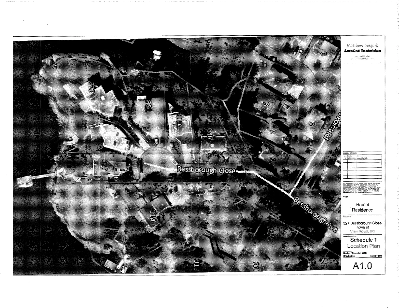 Location Plan aerial map showing property 327 Bessborough Close and surrounding lots on Bessborough Close, Bessborough Ave, and Point Rd, bordering Esquimalt Harbour.