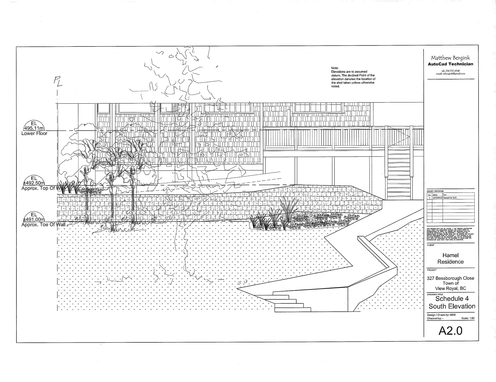 Architectural drawing of the South Elevation for the Hamel Residence, featuring the lower floor exterior, a multi-level retaining wall, outdoor stairs, and landscaping.