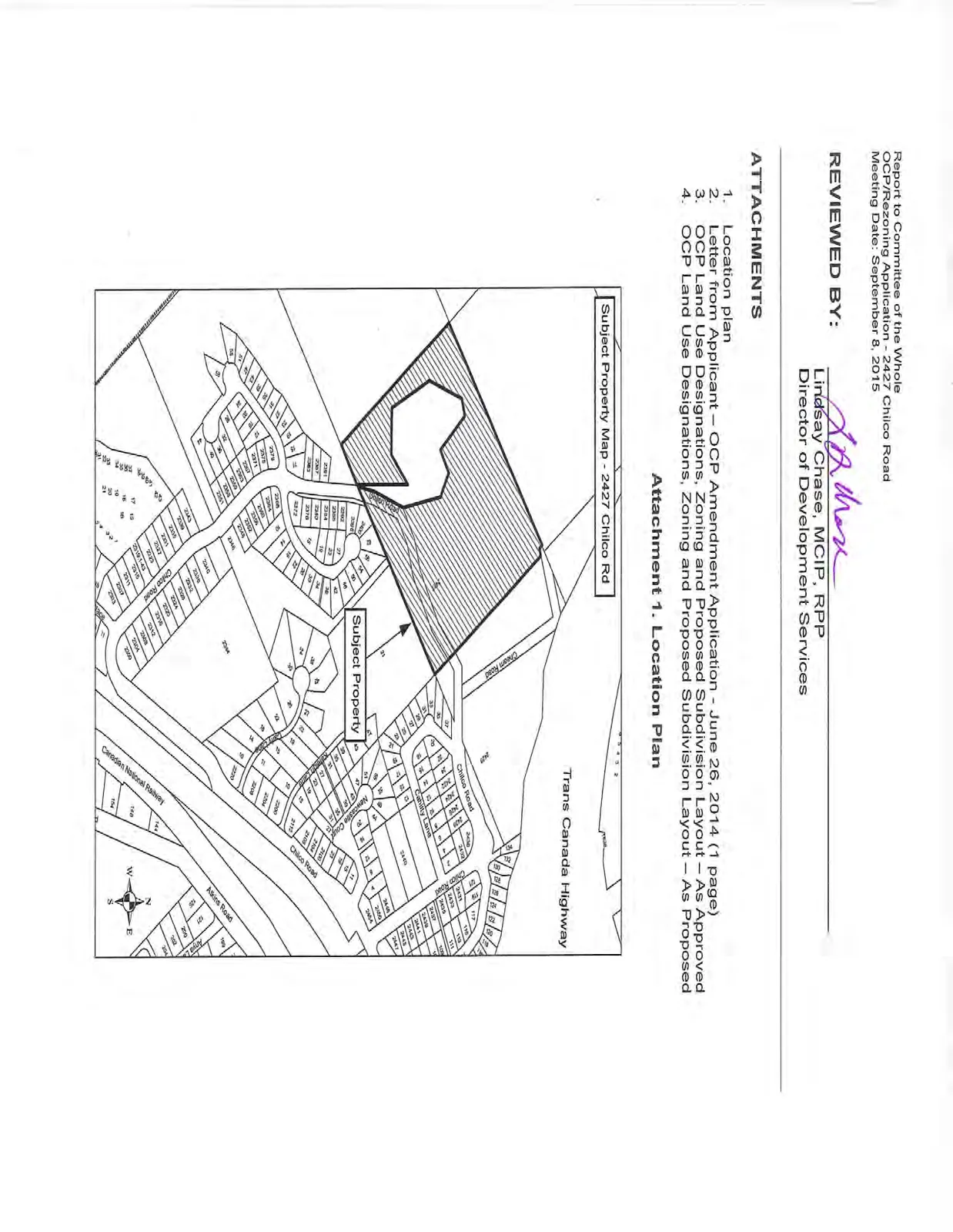 Location Plan map showing the Subject Property at 2427 Chilco Road and its orientation relative to the Trans Canada Highway and surrounding residential lots.