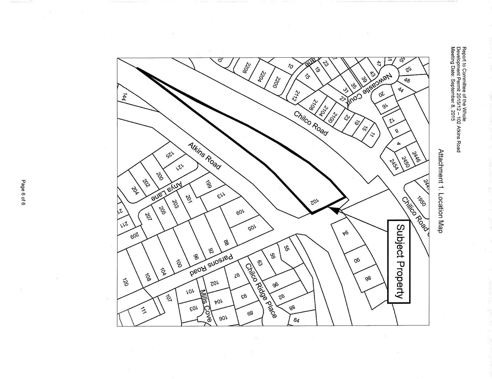 Location map highlighting 102 Atkins Road as the Subject Property, showing surrounding streets including Chilco Road, Atkins Road, Anya Lane, Newcastle Court, Parsons Road, Chilco Ridge Place, and Mills Cove.