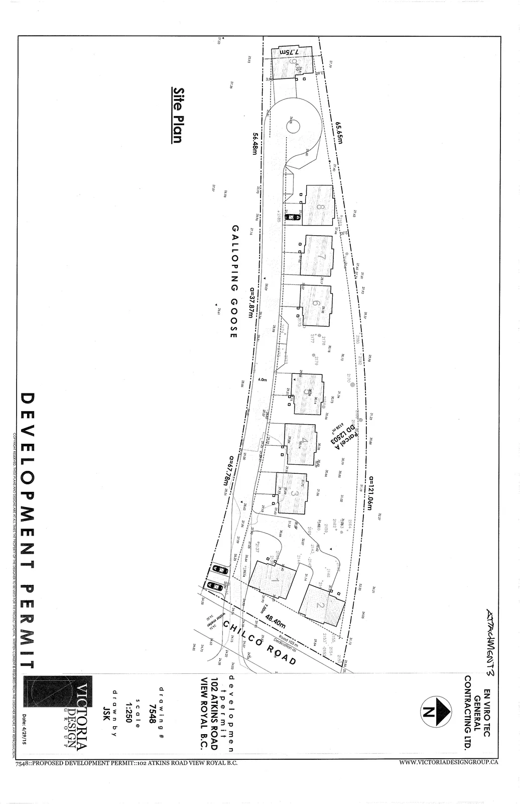 Detailed site plan for 102 Atkins Road, View Royal B.C., illustrating a residential development subdivided into eight lots. The plan shows property boundaries, dimensions (including a 121.06m arc and 48.40m frontage on Chilco Road), building footprints, and proximity to the Galloping Goose trail.