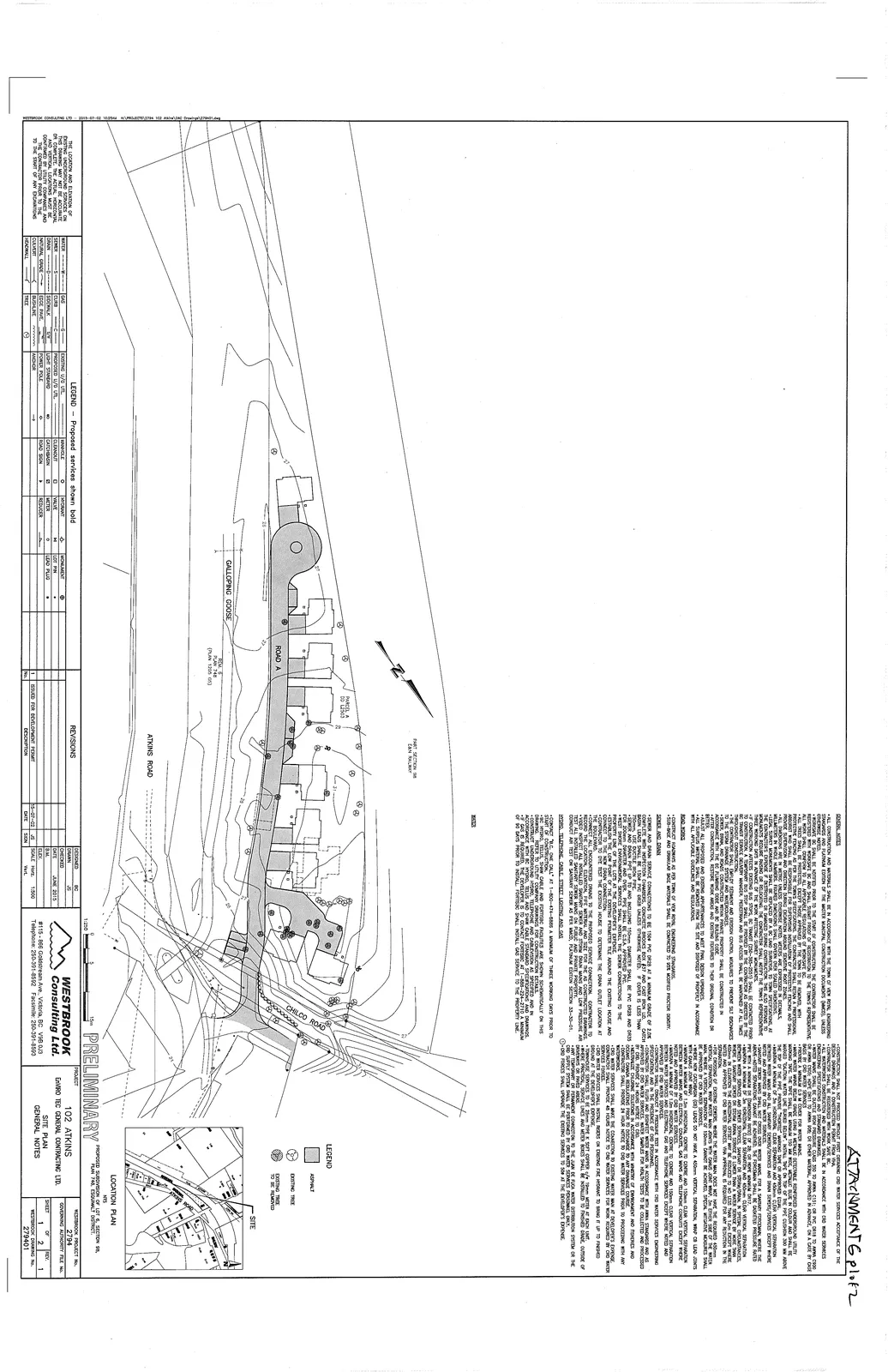Preliminary Site Plan for 102 Atkins showing proposed subdivision of Lot 4, Section 98, Plan 714, Esquimalt District. The drawing includes a layout of proposed lots along Road A, surrounding Galloping Goose trail, Atkins Road, and Chilco Road, with detailed engineering notes and legends.