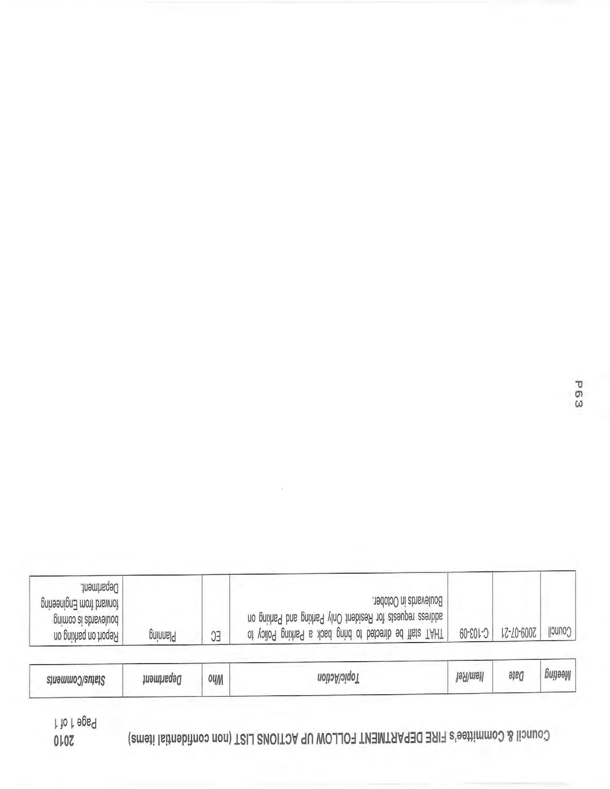 Table of follow-up actions for the Fire Department from 2010