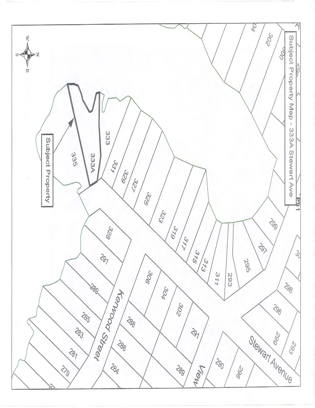 Subject Property Map showing lot 333A and surrounding properties along Stewart Avenue, Kerwood Street, and View Royal Avenue