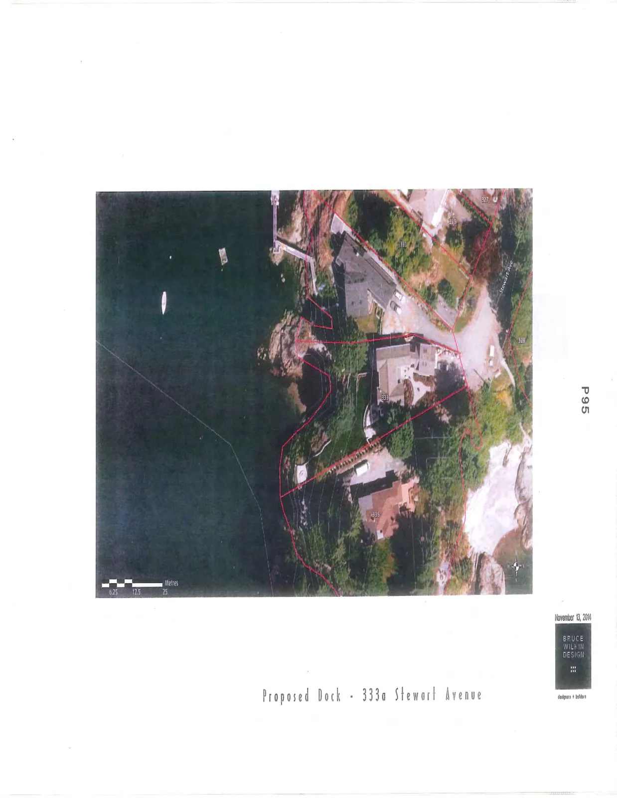 Detailed aerial orthophoto of 333a Stewart Avenue showing the residence, parcel boundaries, and topographic contour lines along the shoreline