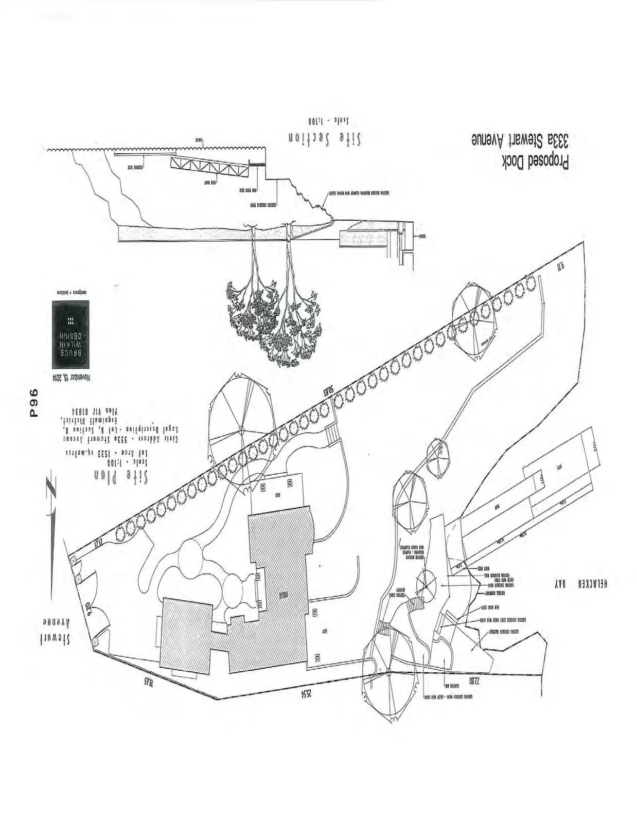 Site plan for 333a Stewart Avenue showing the house, property boundaries, and the proposed dock and gangway extending into Helmcken Bay