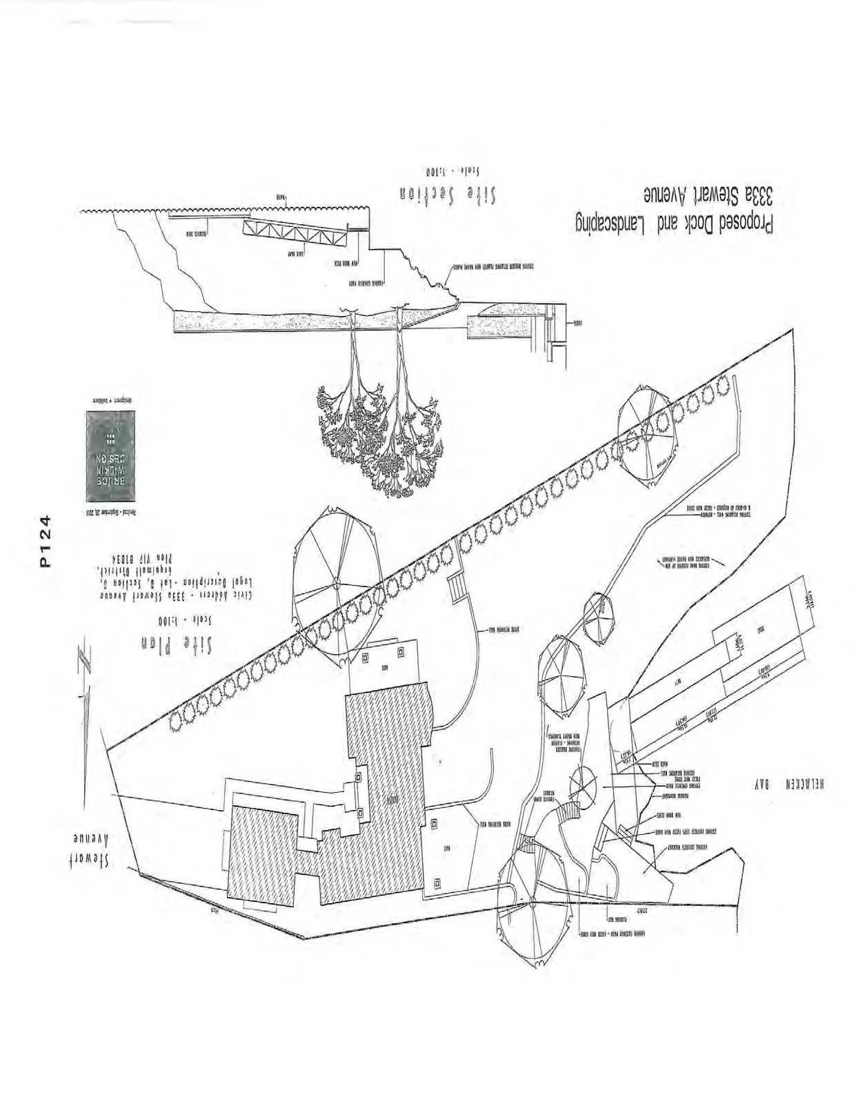 Site Plan and Site Section for Proposed Dock and Landscaping at 333a Stewart Avenue, showing technical layout, property lines, and shoreline features