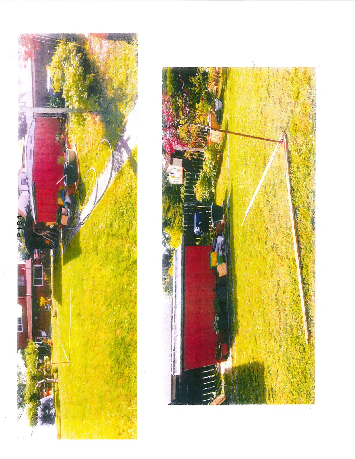 Photos showing the backyard area and the footprint of the proposed garage marked on the lawn