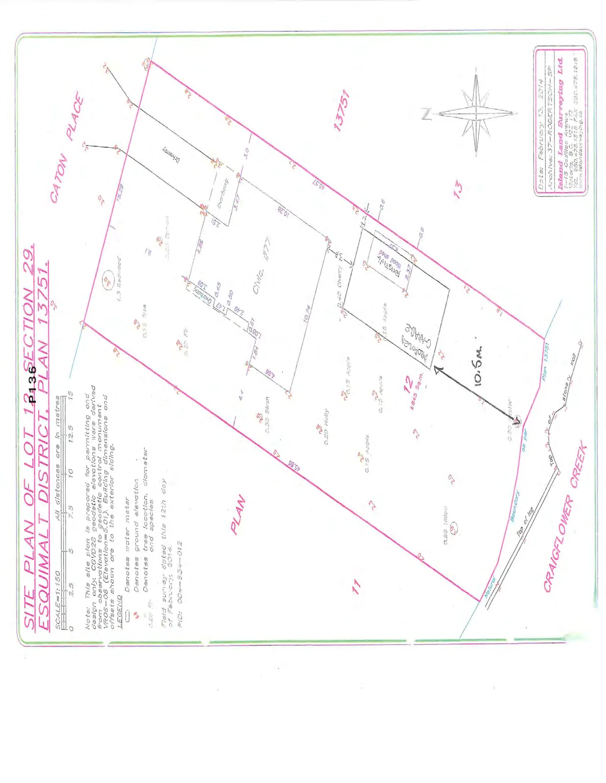Detailed site plan of lot 77 showing existing structures and proposed garage footprint relative to the shoreline