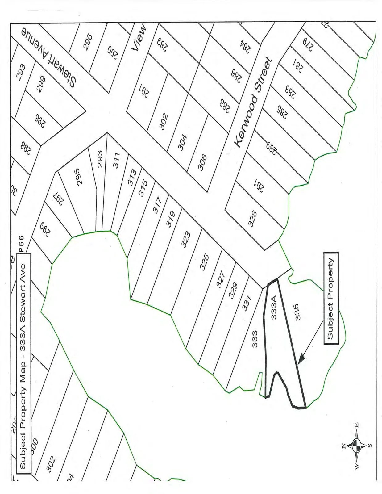 Cadastral map showing property boundaries and addresses for 333A Stewart Ave and surrounding lots, including Stewart Avenue, Kerwood Street, and View street. An arrow points to lot 333A labeled "Subject Property".