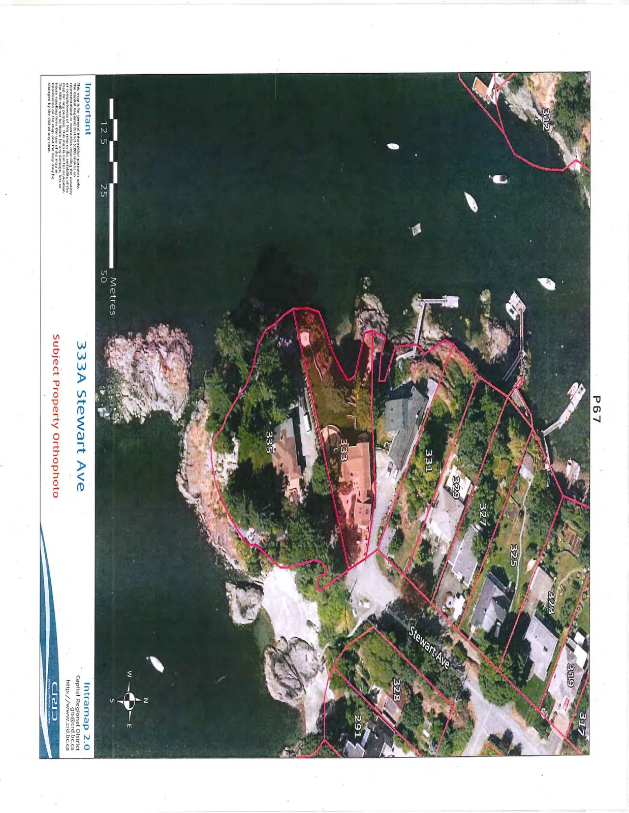 Aerial orthophoto with property boundary overlays for 333A Stewart Ave and neighboring properties along the coastline.