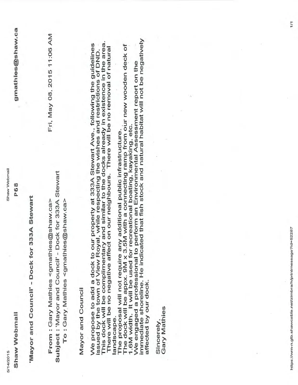 Email from Gary Mathies to Mayor and Council proposing a dock at 333A Stewart Ave.