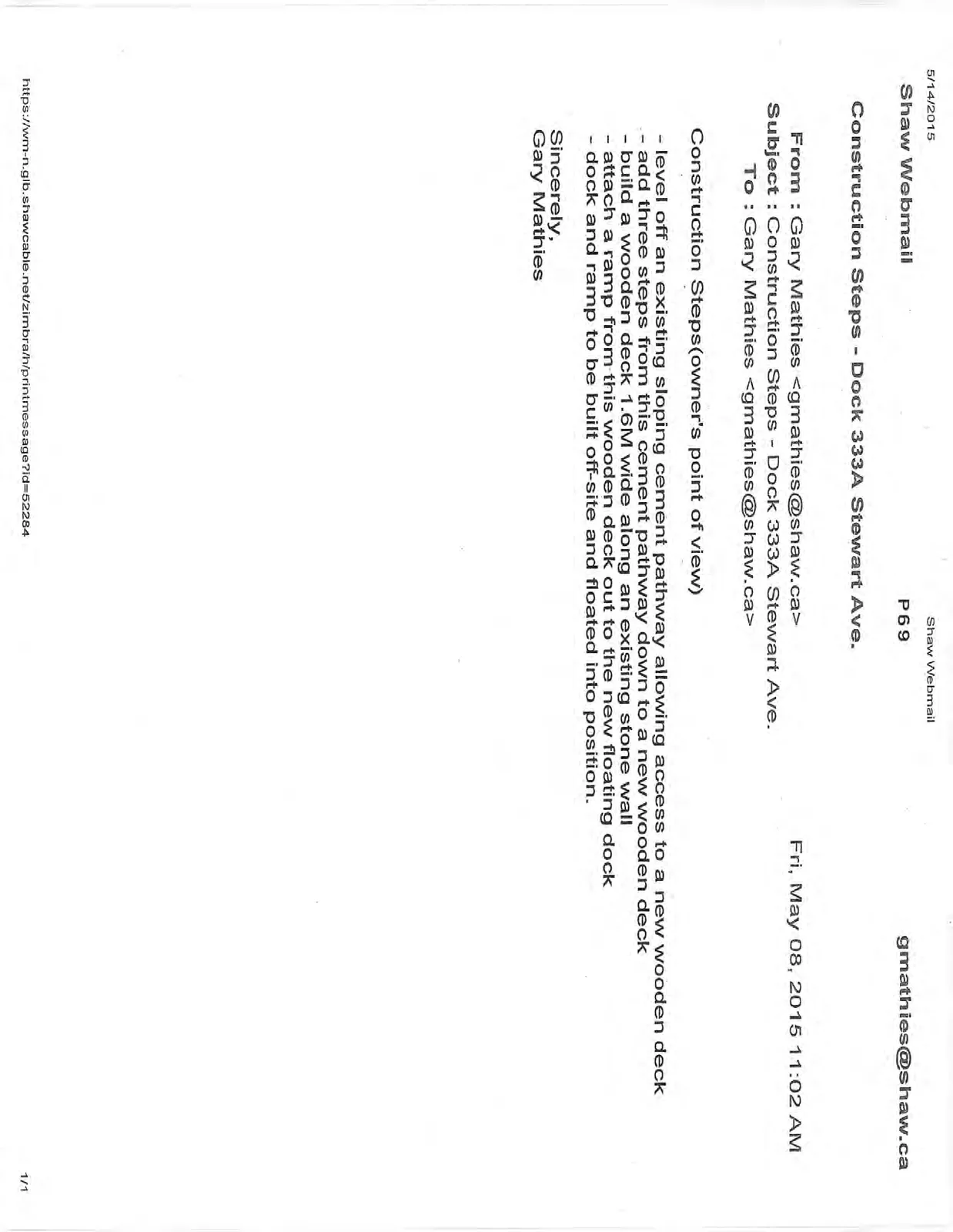 Email from Gary Mathies outlining the construction steps for the dock at 333A Stewart Ave.