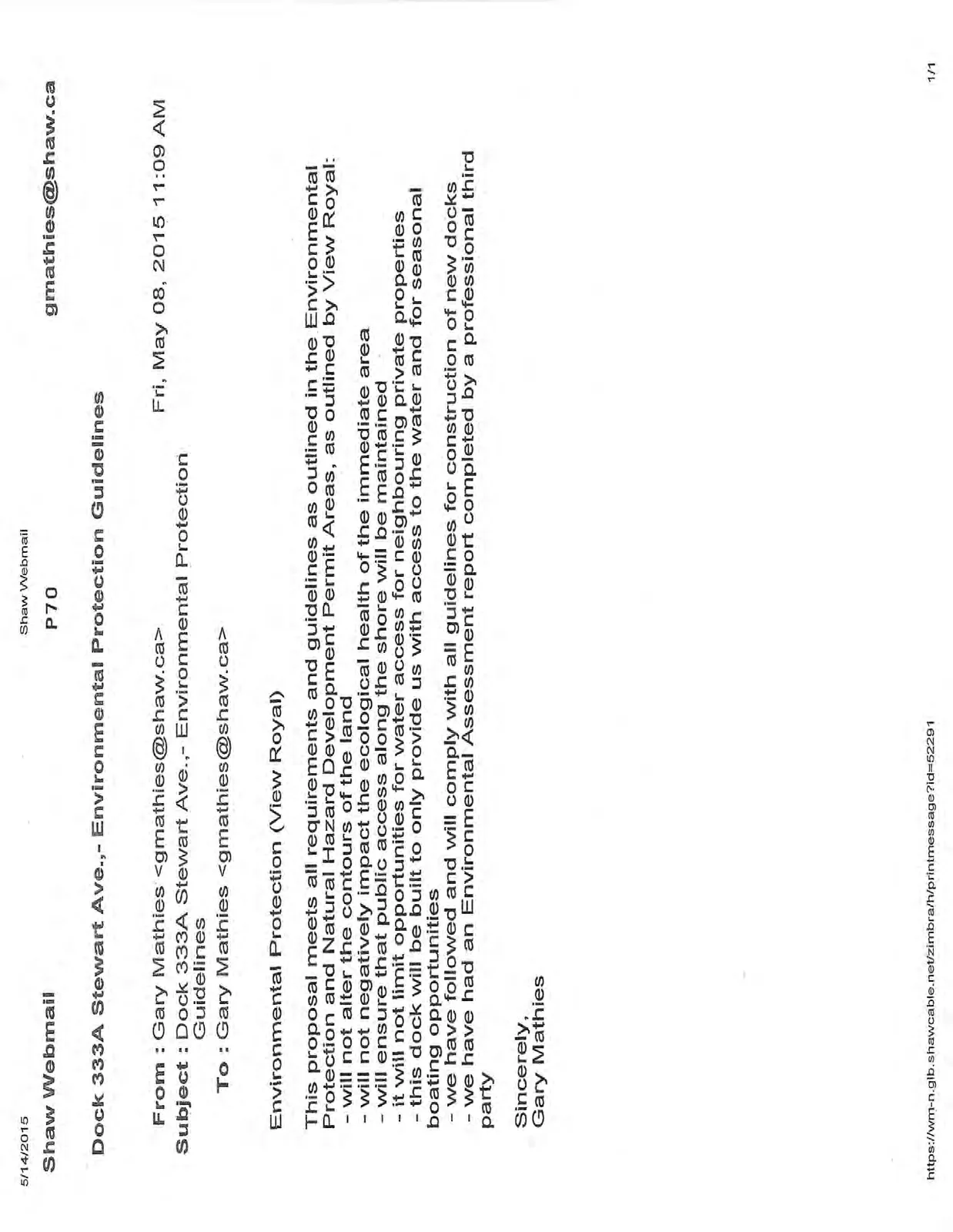 Email from Gary Mathies regarding environmental protection guidelines for the dock at 333A Stewart Ave.