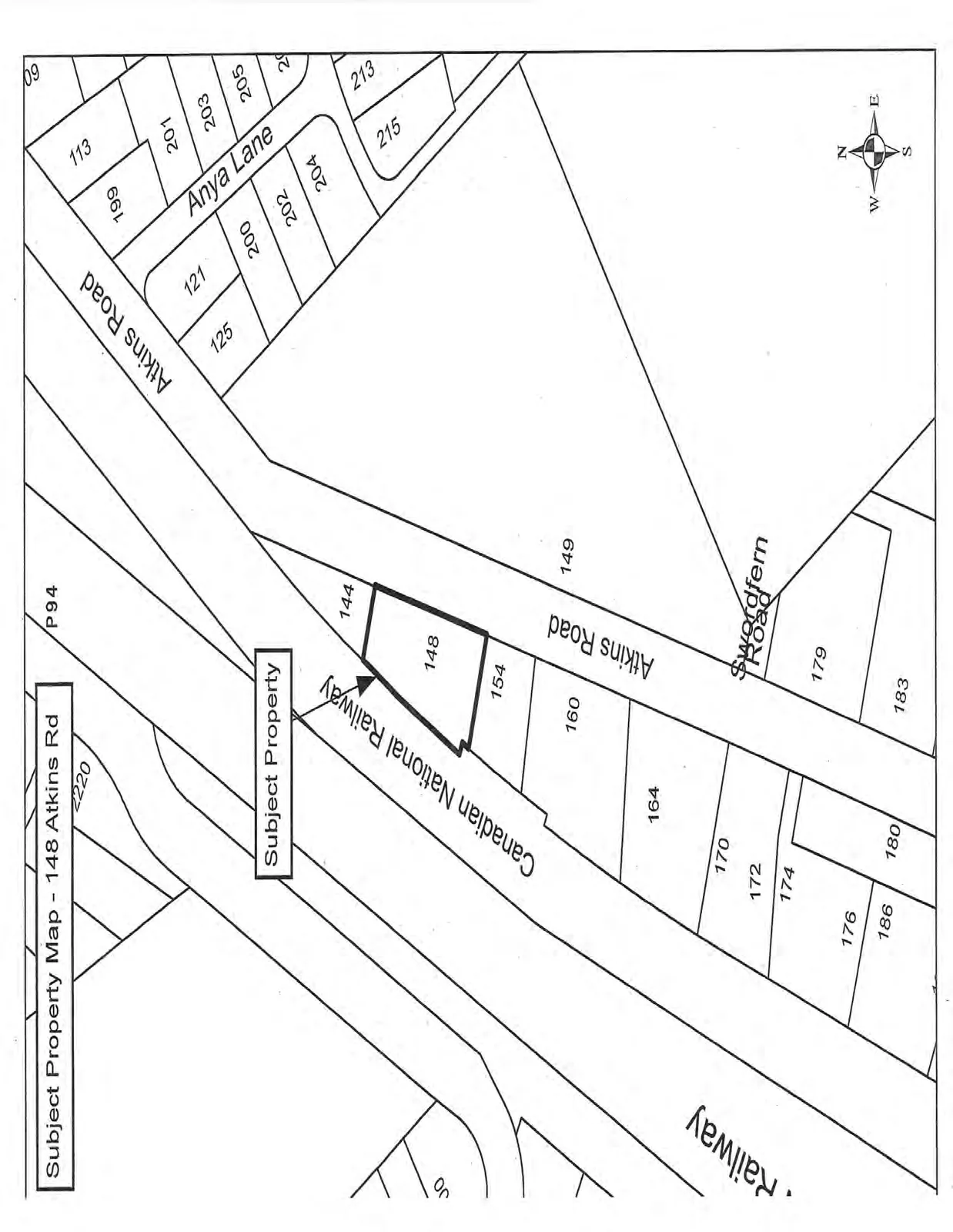 Map showing the subject property at 148 Atkins Road, bordered by the Canadian National Railway and Atkins Road, with surrounding residential lot numbers and street names including Anya Lane and Swordfern Road.