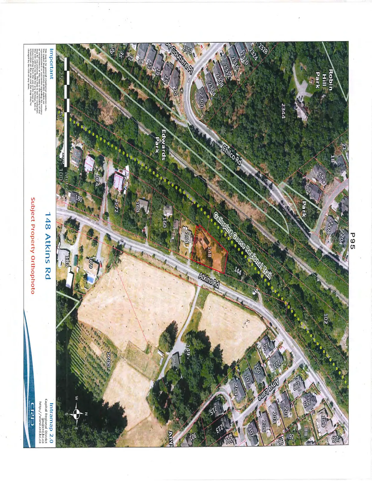 Aerial orthophoto highlighting the subject property at 148 Atkins Road with a red outline, showing its proximity to the Galloping Goose Regional Trail, Edwards Park, and Robin Hill Park.
