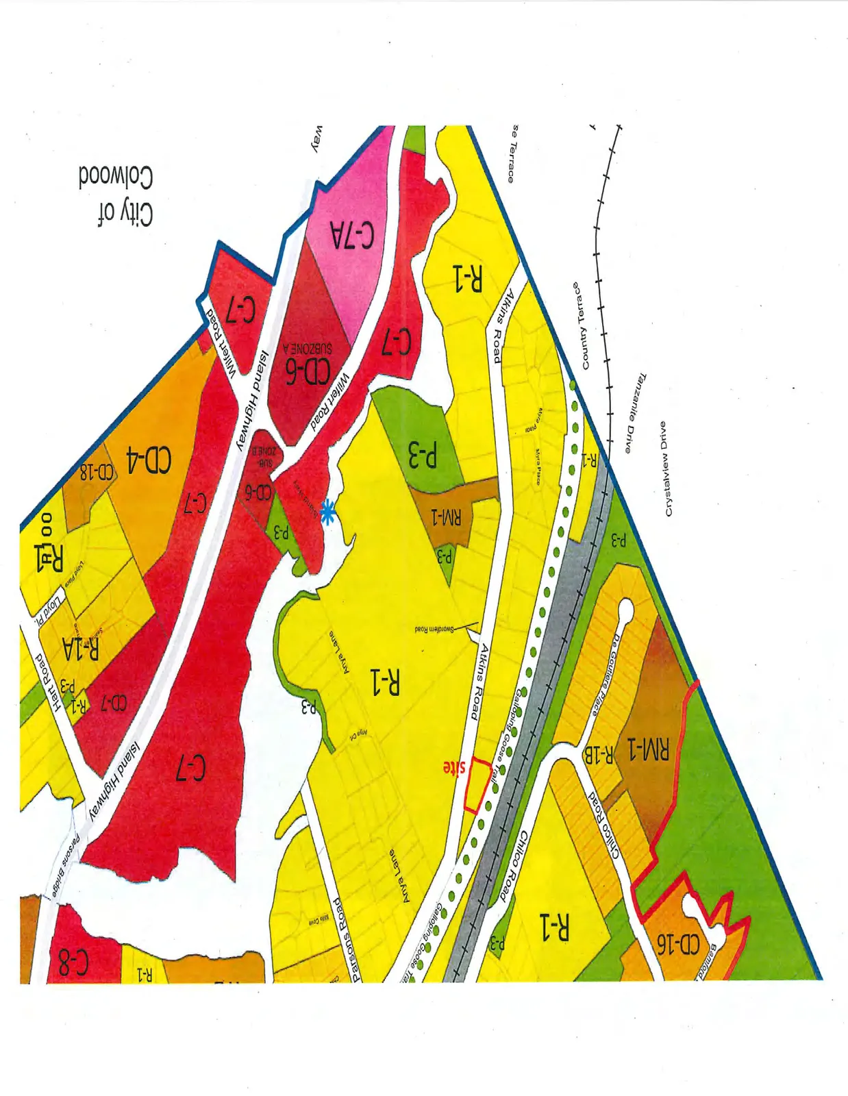 Detailed color-coded zoning map highlighting a "site" on Atkins Road. The map shows the following landmarks and zones:
* **Subject Site:** Located on Atkins Road, adjacent to the Galloping Goose Trail.
* **Streets:** Atkins Road, Island Highway, Parsons Road, Anya Lane, Chilco Road, Wilfert Road, Hart Road, Swordfern Road, Myra Place, and De Goutere Place.
* **Zoning Designations:** R-1, RM-1, P-3, C-7, C-7A, CD-6 (Subzone A and B), CD-4, CD-16, and CD-18.
* **Key Features:** Galloping Goose Trail, Parsons Bridge, and the boundary for the City of Colwood.