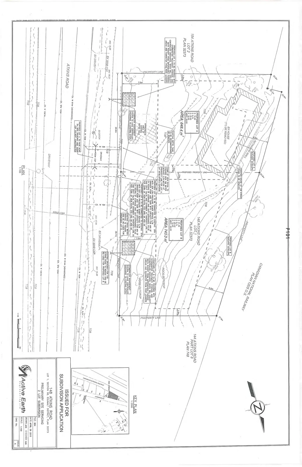 Preliminary Site Servicing Plan (P101) showing existing structures, proposed lot boundaries, and detailed servicing notes.