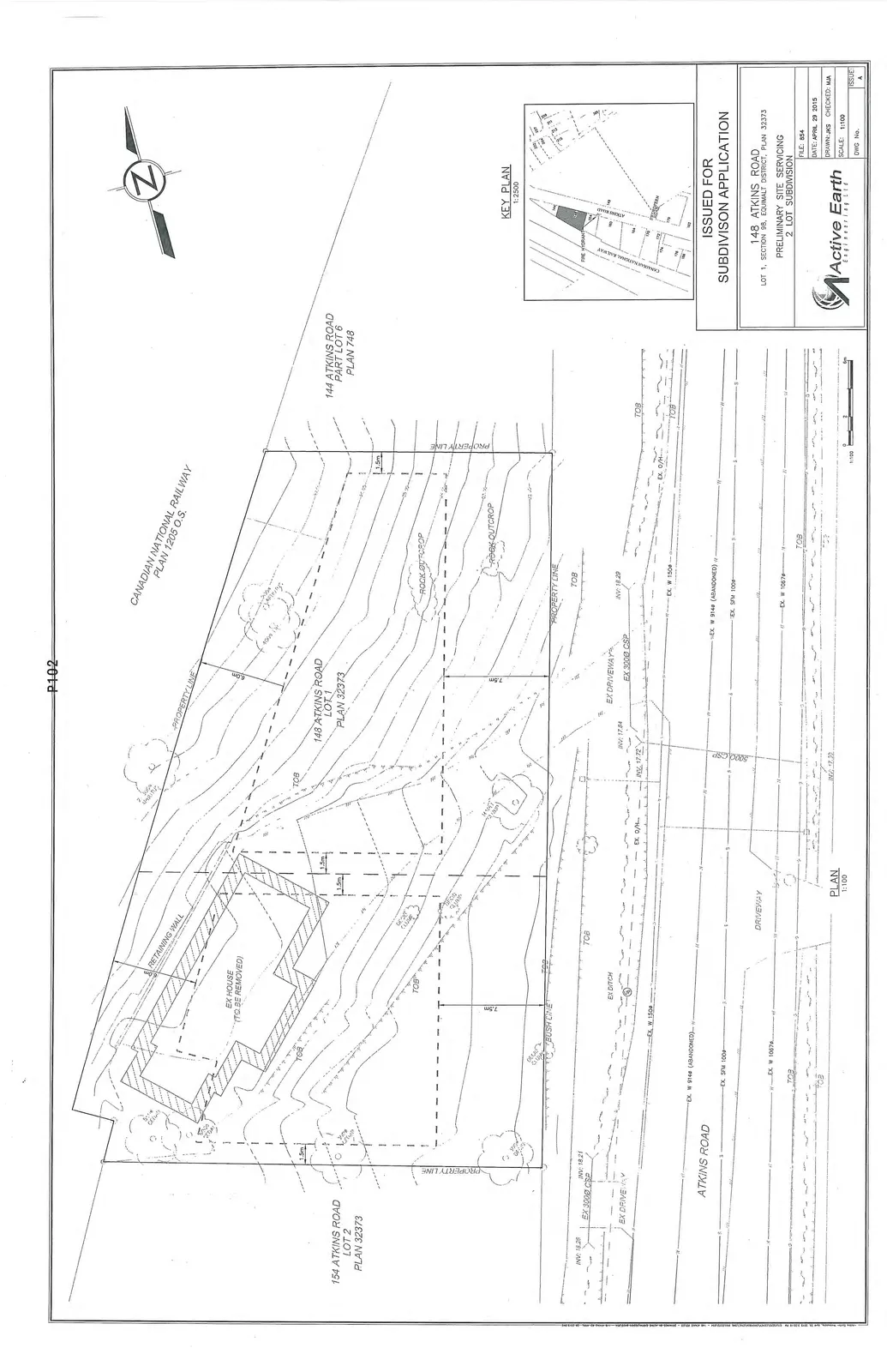 Key Plan at 1:2500 scale showing location relative to Atkins Road, Canadian National Railway, and Fire Hydrant.