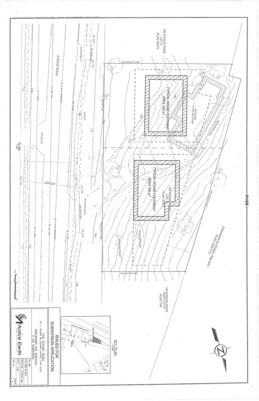 Preliminary Site Servicing Plan (P102) focused on site topography, property boundaries, and existing features without the detailed servicing notes.