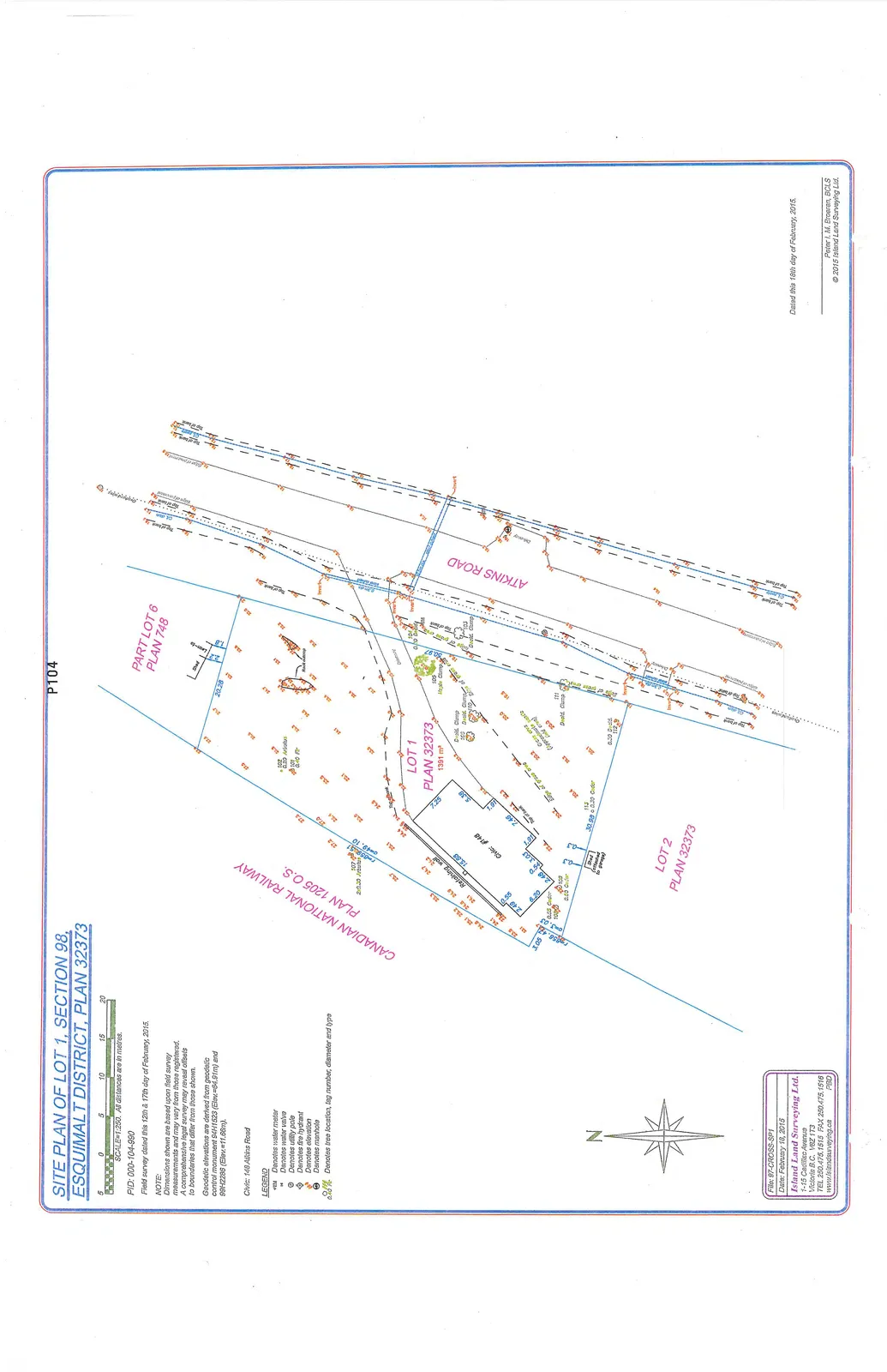 Topographic site plan map showing Lot 1, Section 98, Esquimalt District, Plan 32373, with an area of 1391 m². The plan details property boundaries, elevations, a retaining wall, a shed, and numerous trees with identifying tag numbers. Adjacent properties include Part Lot 6 (Plan 748) and Lot 2 (Plan 32373). The site is bordered by Atkins Road and the Canadian National Railway (Plan 1205 O.S.).
