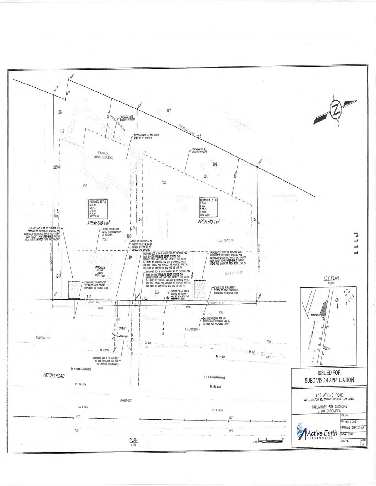 Preliminary Site Servicing plan for 2 lot subdivision at 148 Atkins Road, showing proposed lots A and B, building envelopes, and existing tree locations
