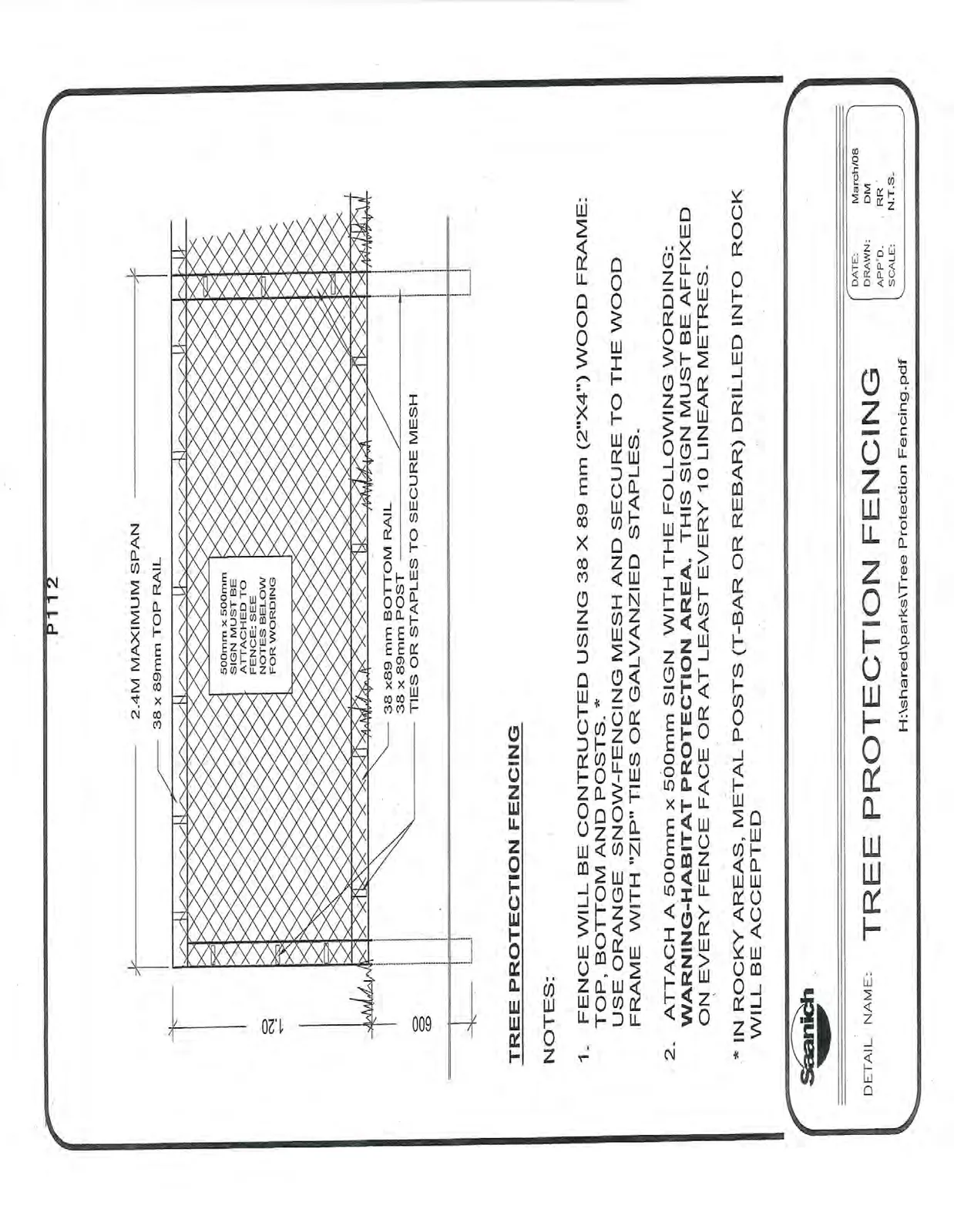 Technical diagram of Tree Protection Fencing detailing a 2.4M maximum span with 38 x 89mm wood frame and orange snow-fencing mesh