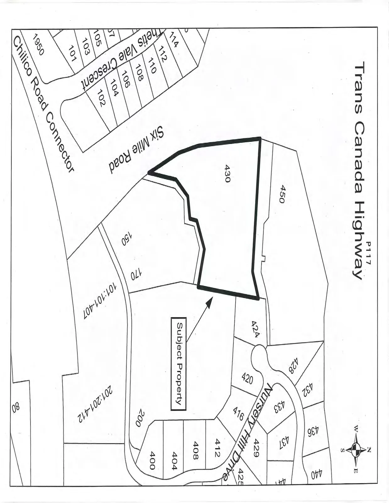 Property map showing lot 430 as the "Subject Property," situated between Six Mile Road and Nursery Hill Drive, south of the Trans Canada Highway.