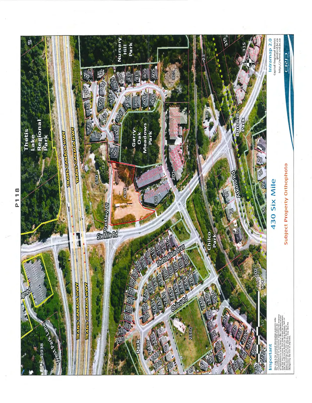 Aerial orthophoto highlighting the Subject Property (lot 430) and surrounding landmarks including Thetis Lake Regional Park, Garry Oak Meadows Park, Nursery Hill Park, and Chilico Park.