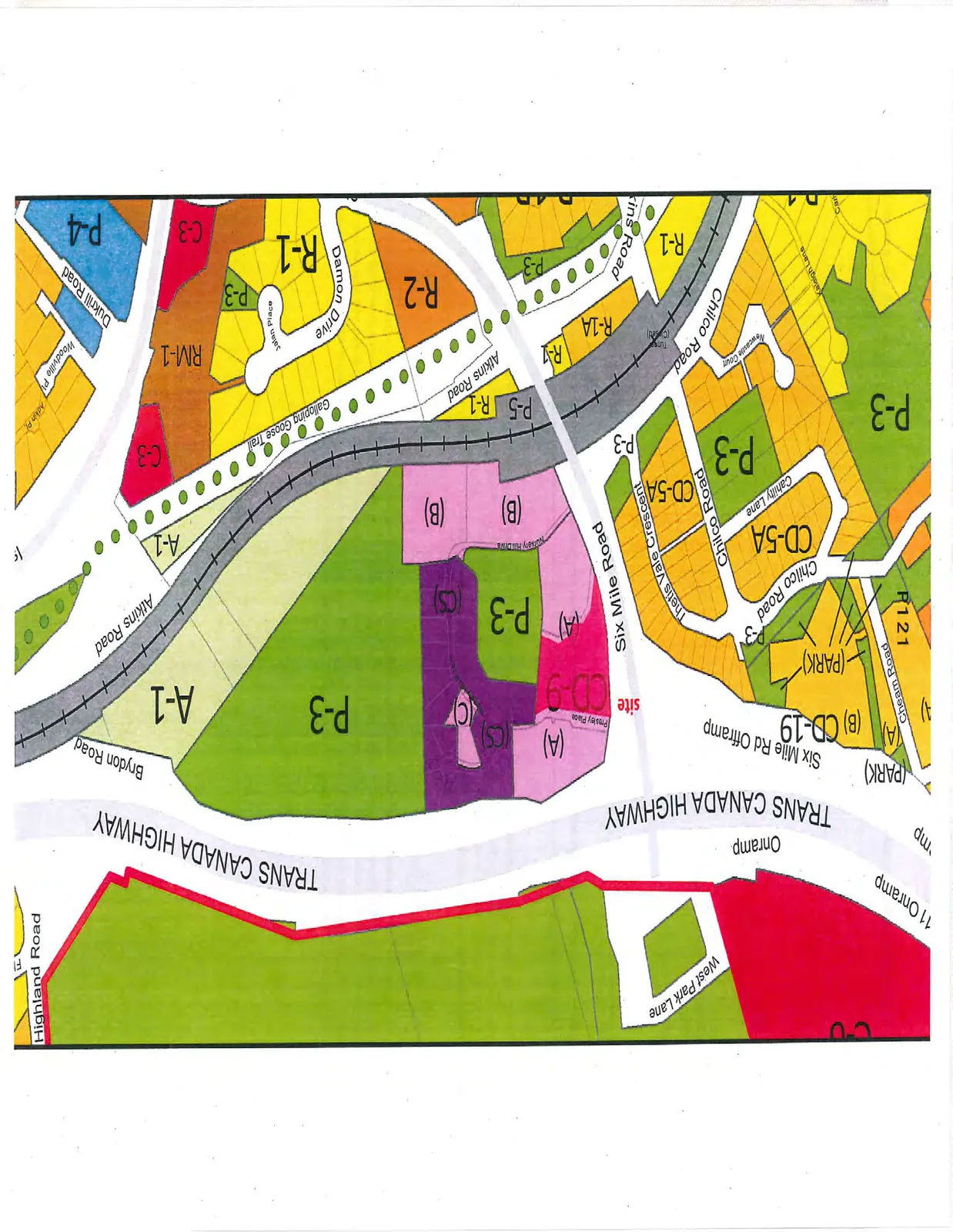 Zoning map of the project site area showing its location relative to Six Mile Road, Chilco Road, and the Trans Canada Highway.