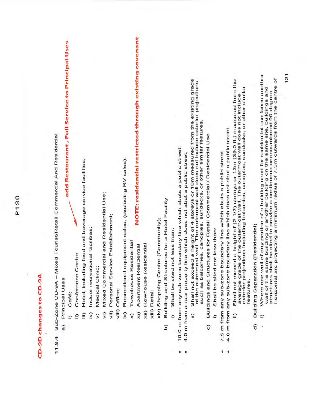 Document page outlining proposed changes to Sub-Zone CD-9A, including the addition of "Restaurant, Full Service" to principal uses and notes regarding residential restrictions and building siting requirements.