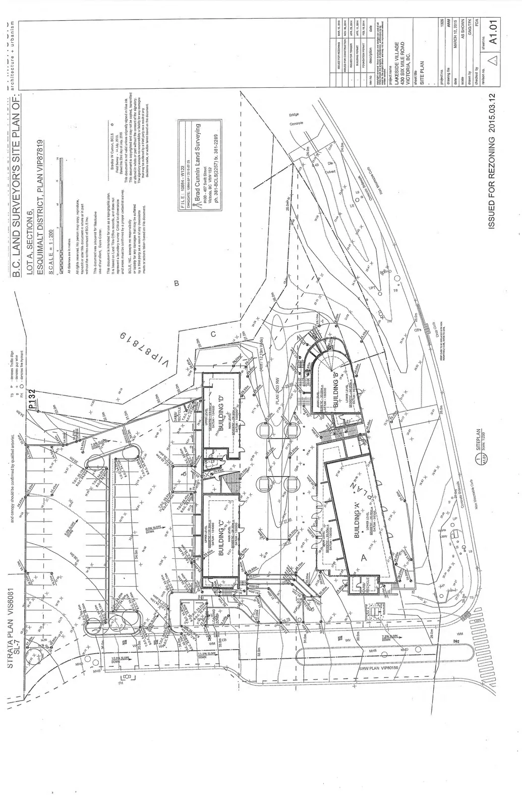 B.C. Land Surveyor's Site Plan of Lot A, Section 6, Esquimalt District, Plan VIP87819, showing proposed Buildings A, B, C, and D