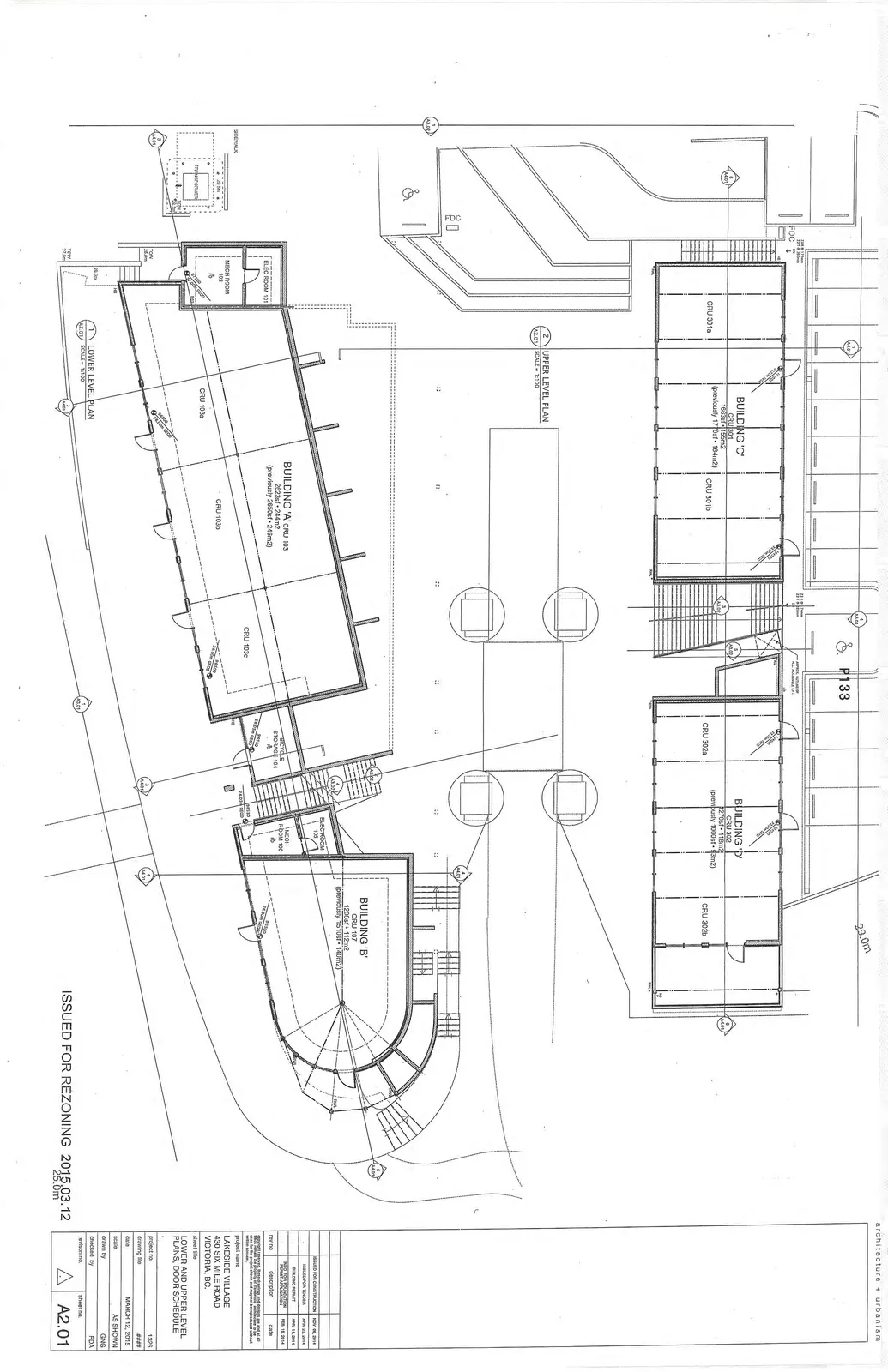Floor plans for Building A, B, C, and D showing 1 Lower Level Plan and 2 Upper Level Plan with various CRU units