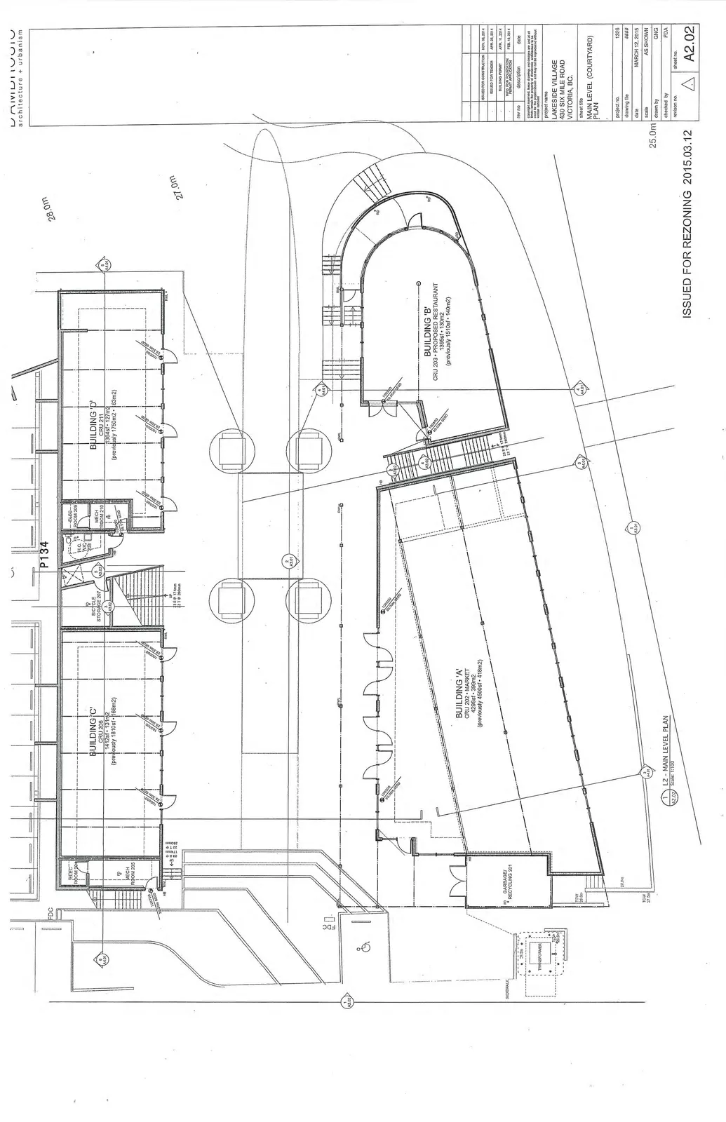 Main Level (Courtyard) Plan showing Building A (Market), Building B (Proposed Restaurant), Building C (CRU 208), and Building D (CRU 211)