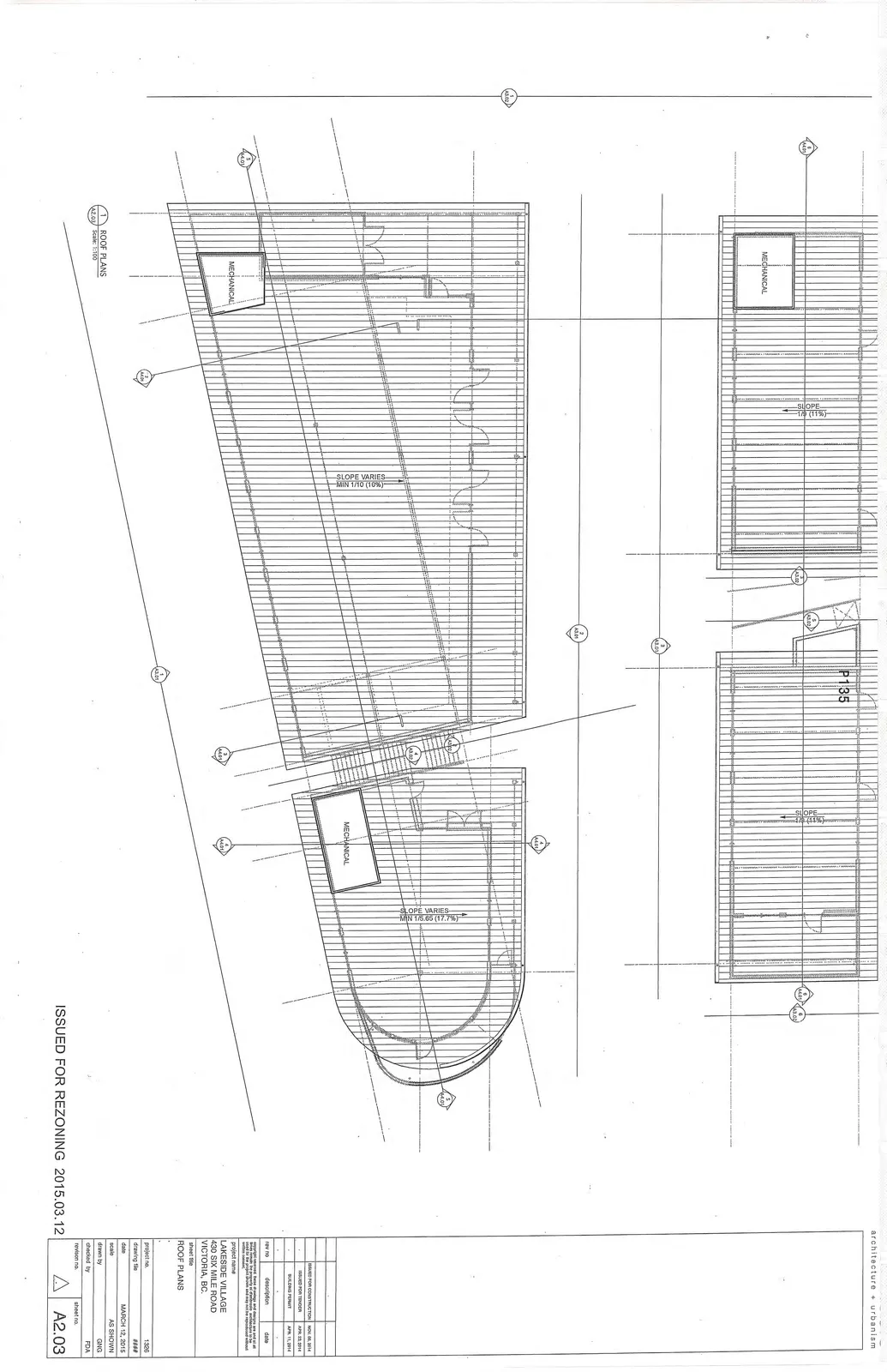 Roof Plans for Buildings A, B, C, and D showing roof slopes and mechanical locations