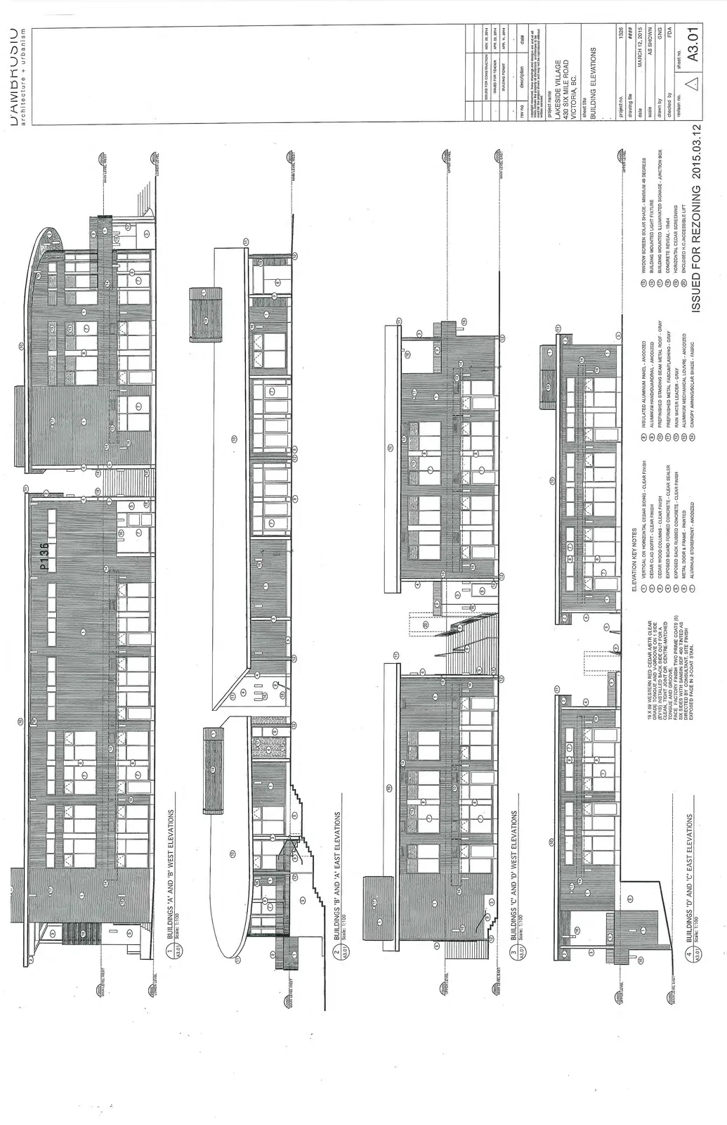 Exterior elevations showing West and East views for Buildings A, B, C, and D