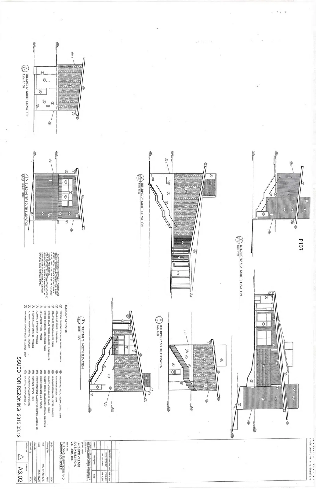Exterior elevations showing North and South views for Buildings A, B, C, and D