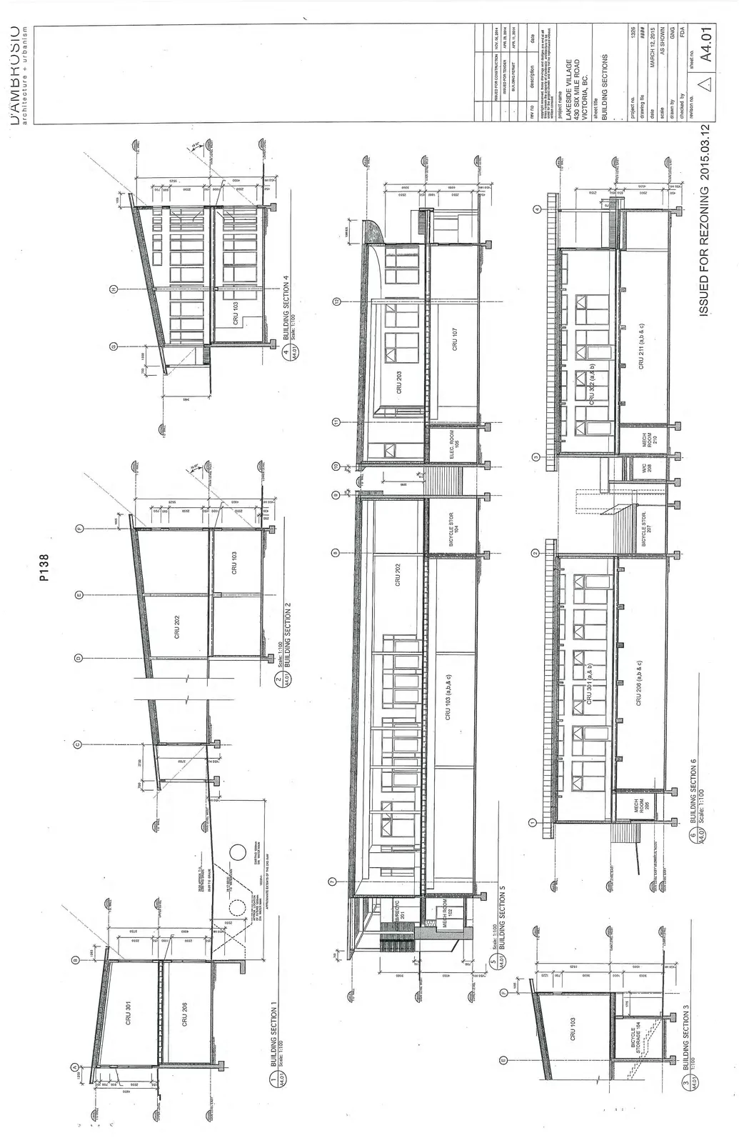 Six cross-sections (1-6) through Buildings A, B, C, and D showing internal levels and structure