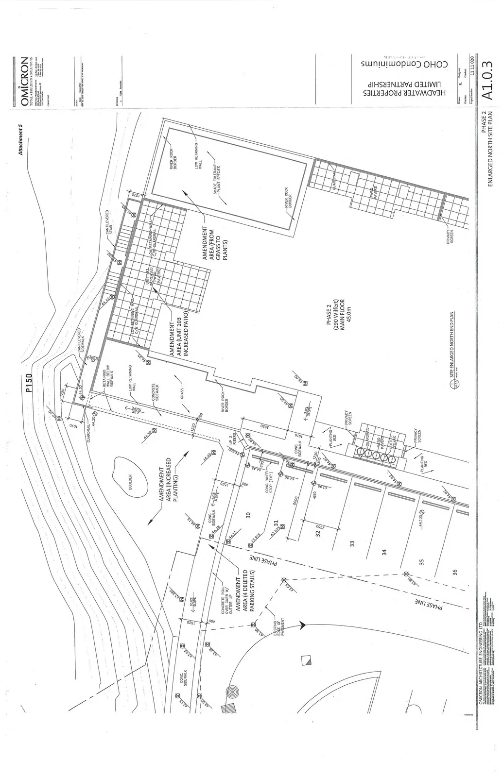 Detailed site plan of the northern portion of Phase 2 showing amendments to planting areas, patios, and parking stalls