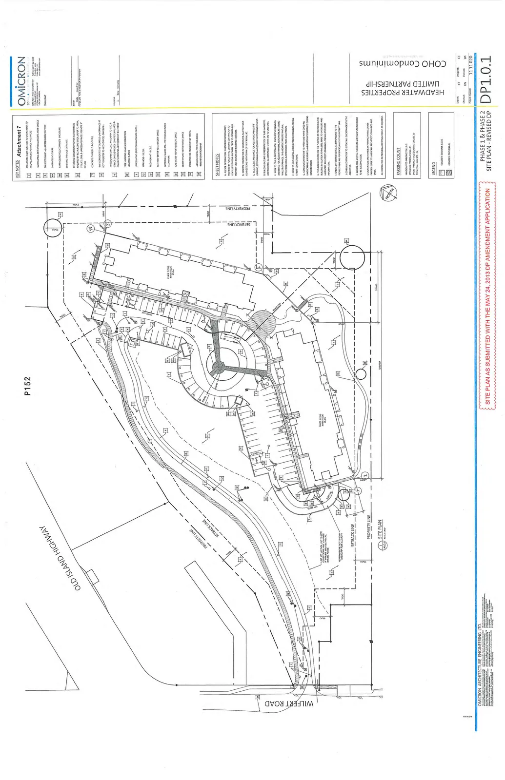 Revised site plan for Phases 1 and 2, highlighting amendments as submitted with the May 24, 2013 DP amendment application