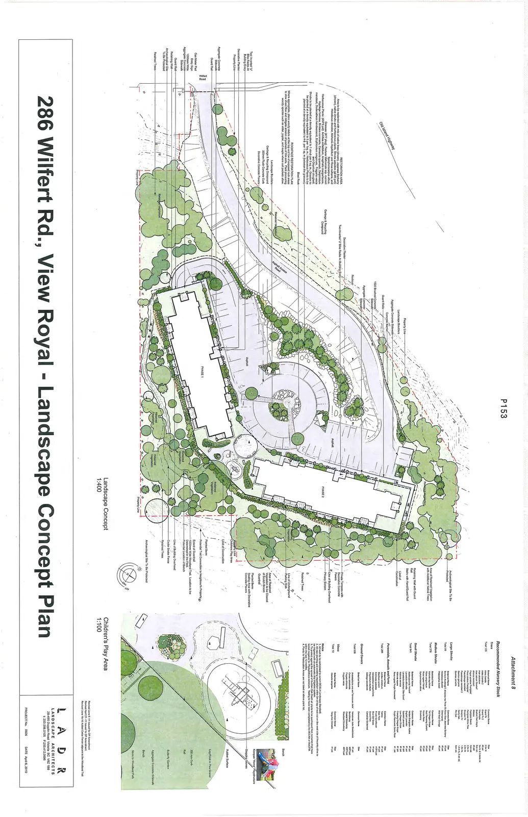 Full color landscape concept plan showing building footprints, parking, and extensive planting areas