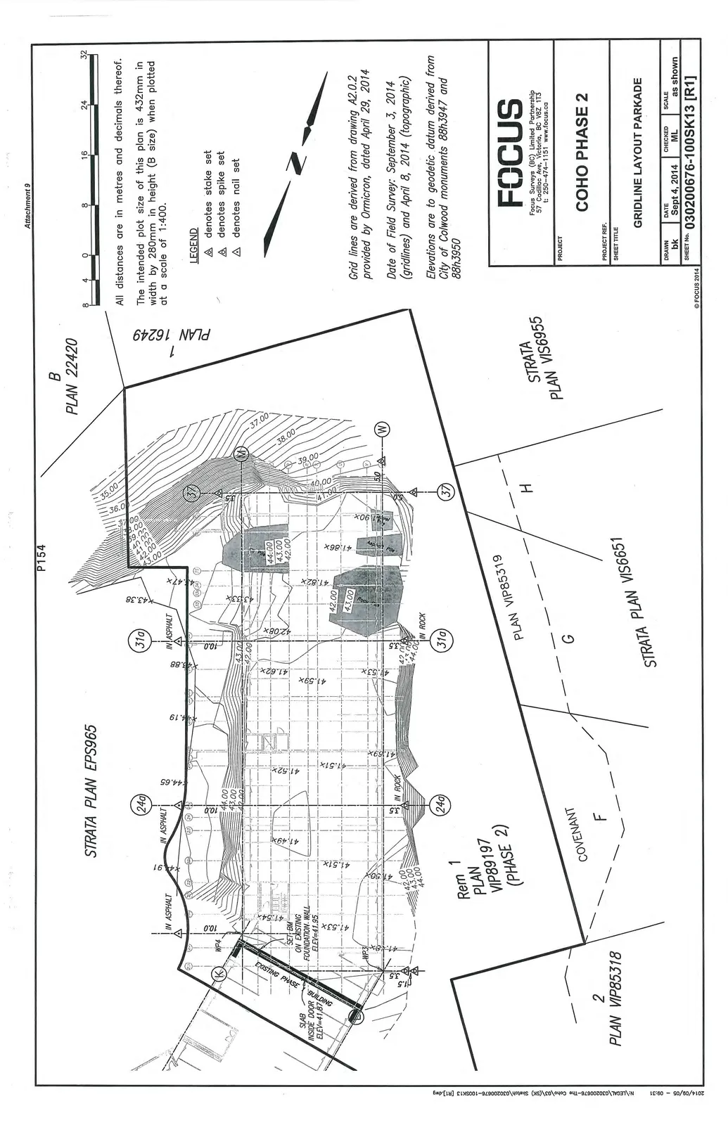 Technical survey drawing by FOCUS showing the gridline layout, elevations, and parkade structure for Phase 2