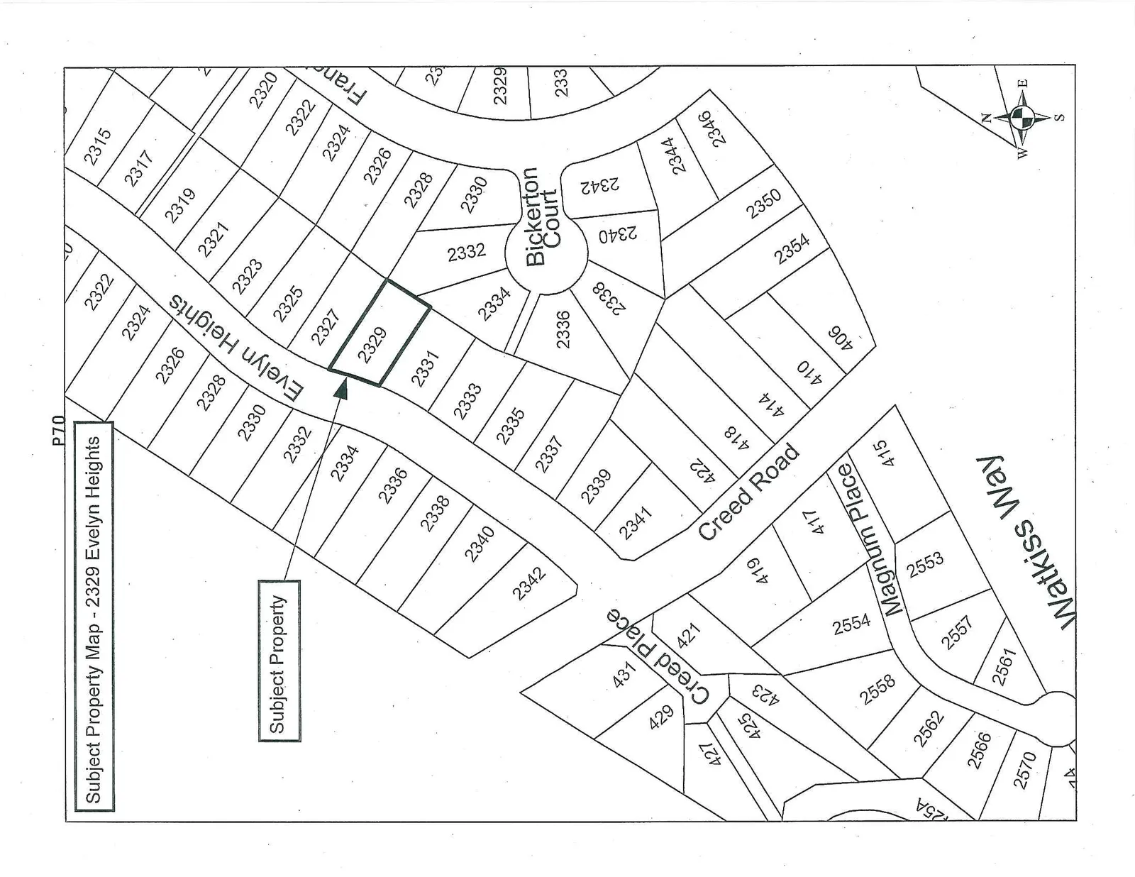 Property map highlighting 2329 Evelyn Heights as the "Subject Property". The map shows surrounding lots and streets including Evelyn Heights, Bickerton Court, Creed Place, Creed Road, Magnum Place, and Watkiss Way, with a north arrow indicated in the bottom right.