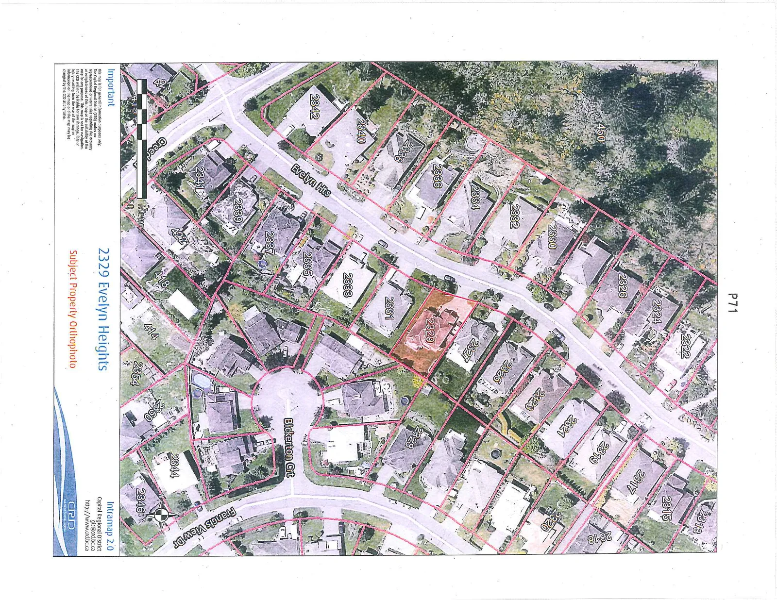 Aerial orthophoto map showing the subject property at 2329 Evelyn Heights and surrounding residential lots on Evelyn Hts, Bickerton Crt, and Francis View Dr.