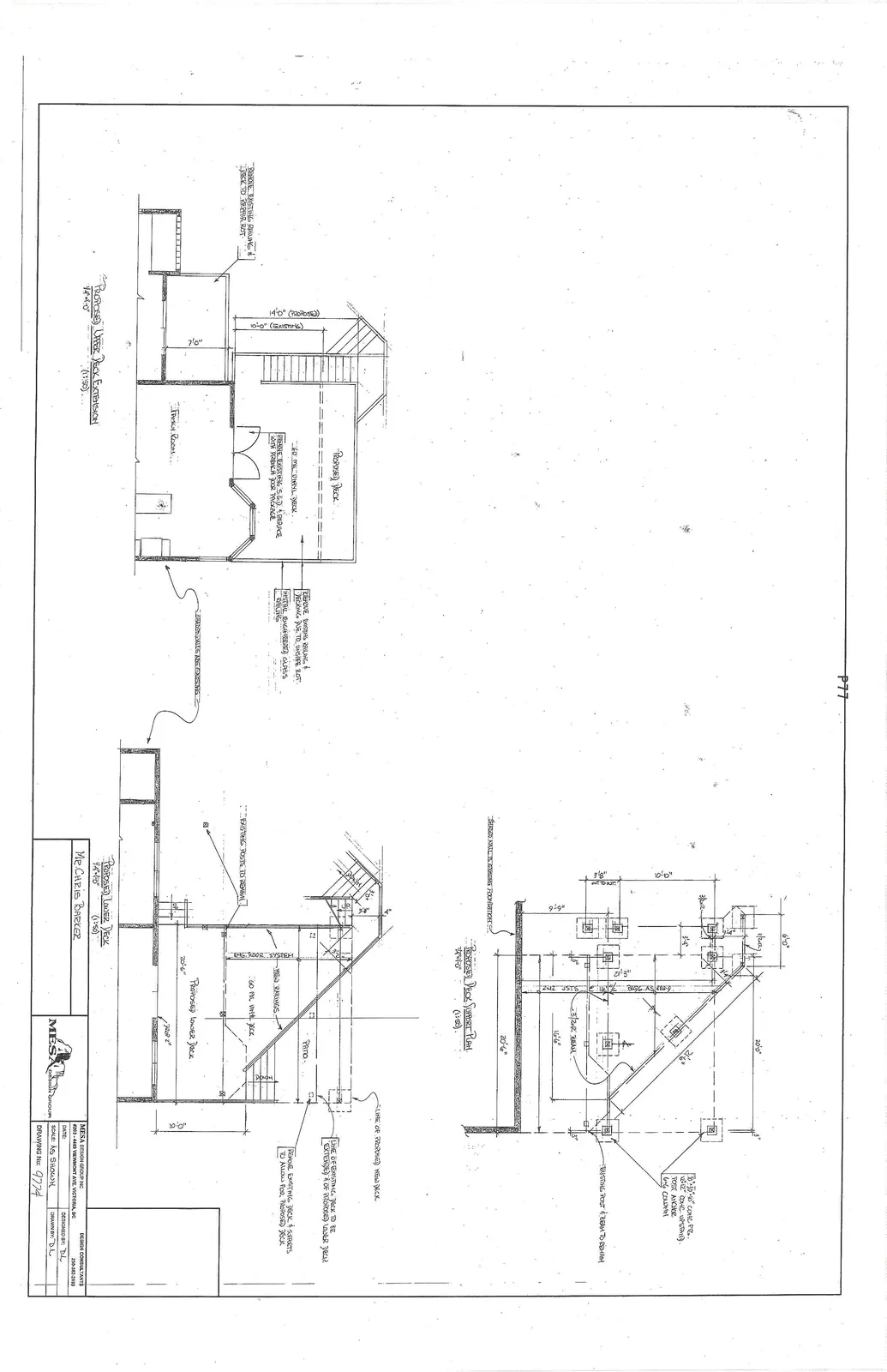 Architectural drawing showing the proposed deck support plan and elevations.