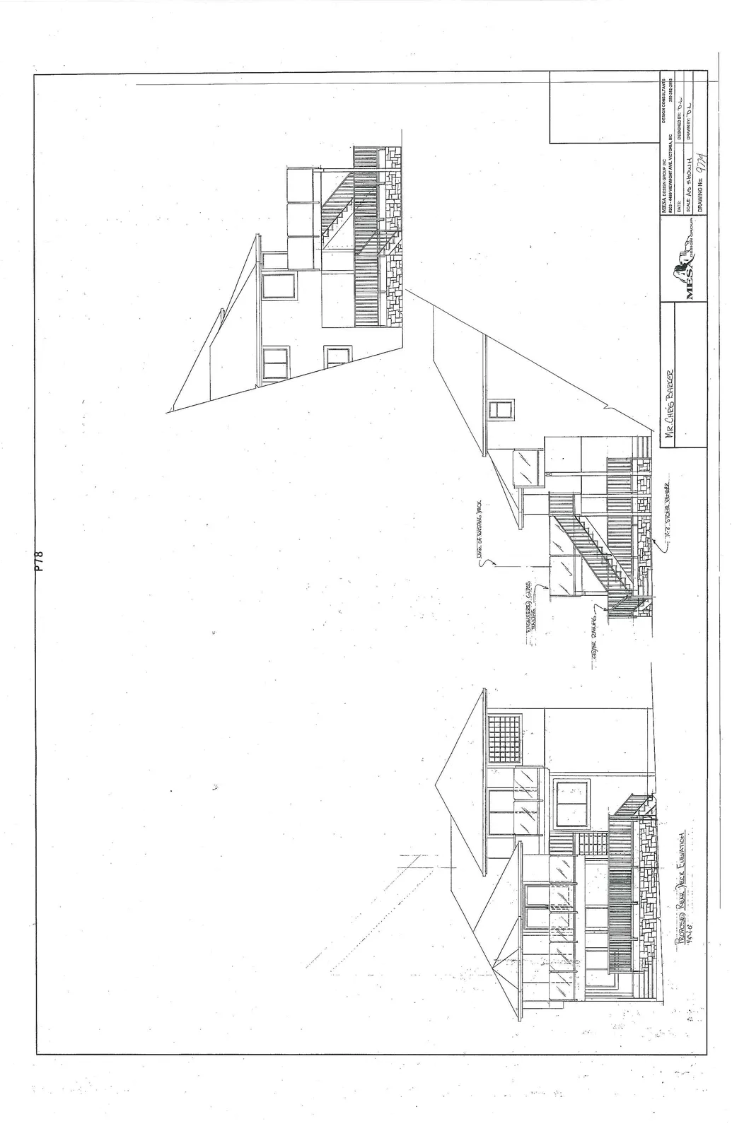 Multiple architectural elevation views of the house showing the proposed rear deck and railing details.