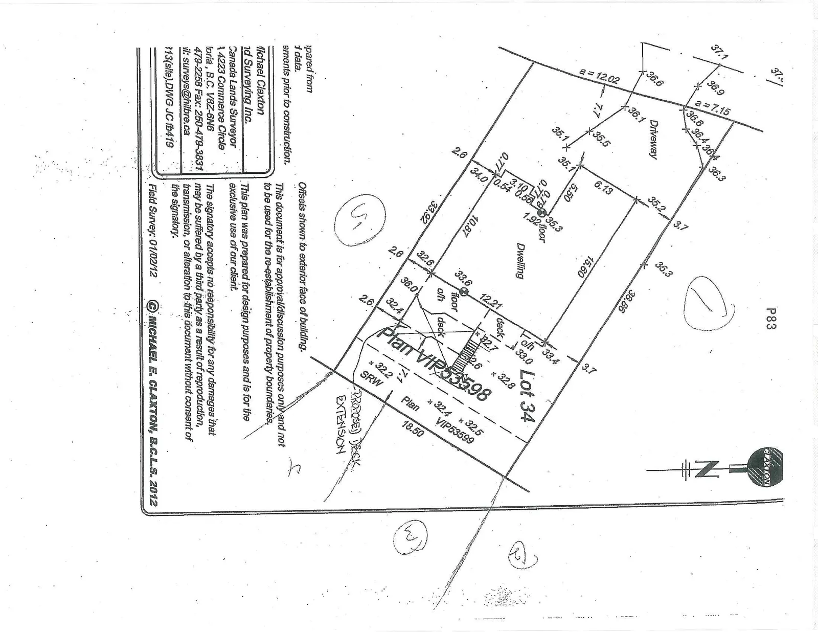 Survey plan showing lot boundaries, dwelling footprint, driveway, and a proposed deck extension for Lot 34, Plan VIP53598.